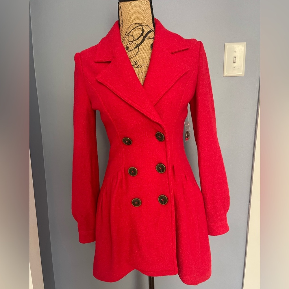 Free People Winter Coat Red Double Breasted Button